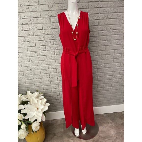 Emma & Michele Sleeveless Red Belted Jumpsuit Size 10 - Picture 2 of 12